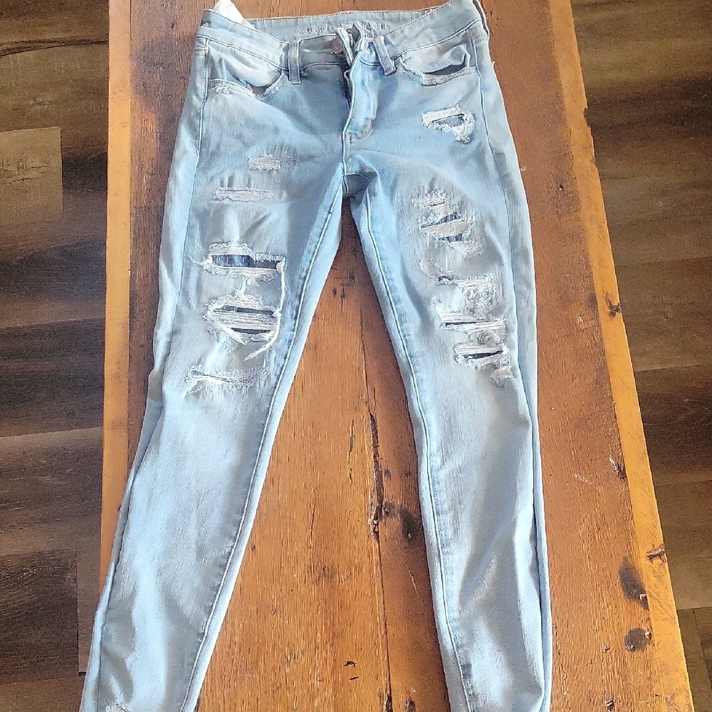 American Eagle Outfitters Blue Skinny Jeans with Distressed Details